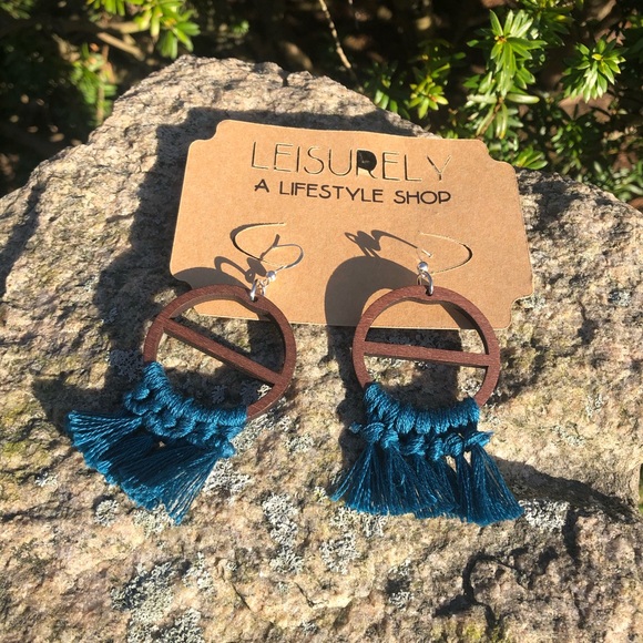 Teal Tassel Earrings | Dark Wood, Cotton & Silver - Picture 6 of 11